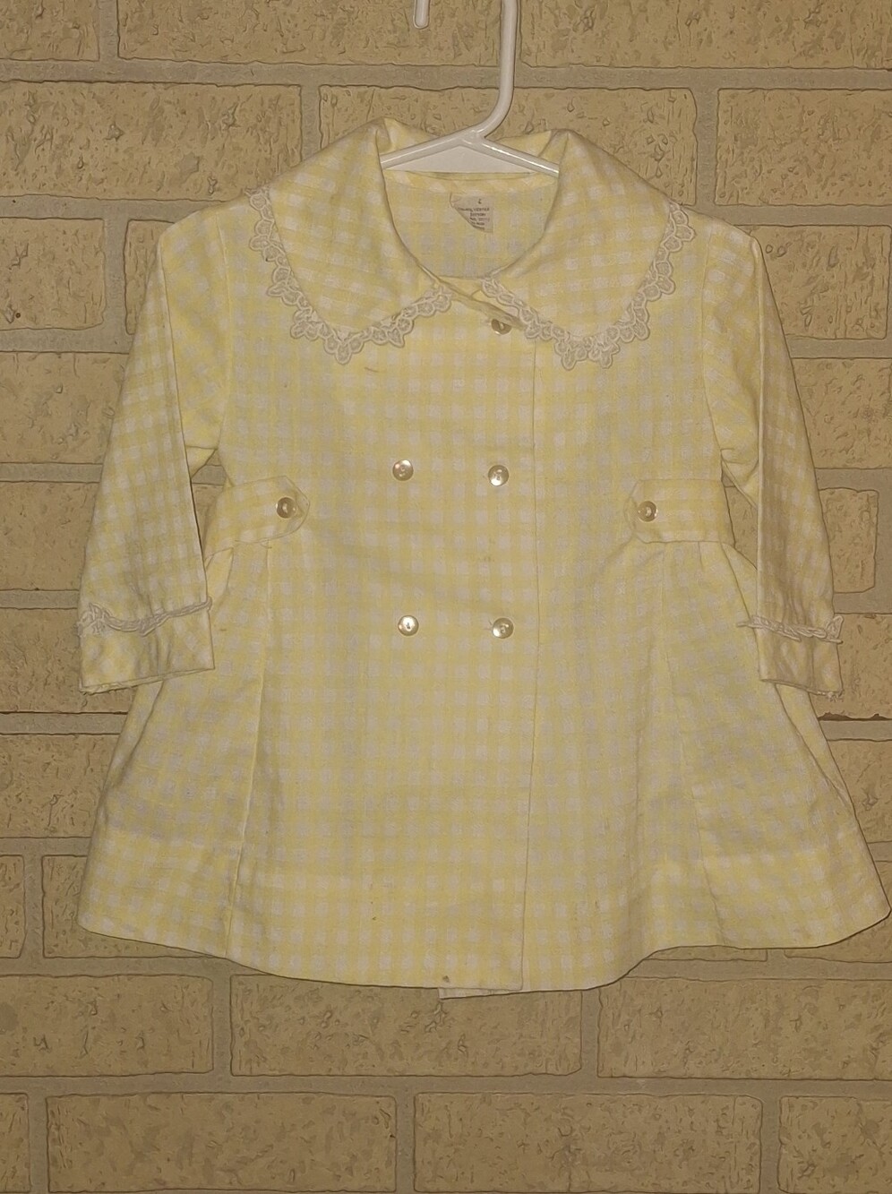 Vintage Little Bitty Girls Coat Dress 24M Yellow Gingham Lace Peter Pan Collar